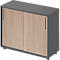 Armoire grise avec portes et poignées en placage de bois. Les portes sont fermées. Les pieds sont petits et ronds.