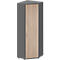 Armoire d'angle avec côtés anthracite et porte aspect bois clair.