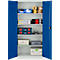 Armoire bleue et blanche avec portes ouvertes, remplie d'outils et d'accessoires. Haut : caisses bleues, rouleaux. En dessous : outils et boîtes.
