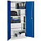 Armoire de bureau bleue, ouverte, remplie de dossiers, de classeurs et de documents.