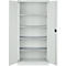 Armoire en acier blanc avec portes ouvertes. Cinq étagères sont visibles à l'intérieur.
