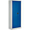 Une armoire en acier avec des côtés blancs et des portes bleues. Une poignée est au milieu.