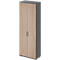 Une armoire avec des portes en bois et un cadre anthracite. Deux poignées métalliques allongées.