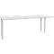 Bureau blanc à quatre pieds. Le plateau est rectangulaire, les pieds cylindriques.