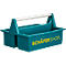 Boîte à outils turquoise avec poignée blanche et lettrage jaune "Schäfer Shop".