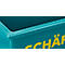 Gros plan d'une boîte turquoise avec l'inscription jaune 'SCHÄ'.