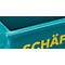 Détail d'une boîte en plastique turquoise. Le bord supérieur a un couvercle noir, avec des lettres jaunes en dessous.