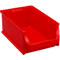 Caja de almacenamiento de plástico roja con frente abierto sobre fondo blanco.
