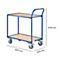 Chariot de transport bleu à deux niveaux, planches en bois et quatre roues. Dimensions : 850 x 500 x 1039 mm.