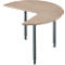 Halfronde tafel van licht hout met drie grijze poten. De poten zijn in hoogte verstelbaar.
