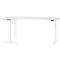 A white, L-shaped, height-adjustable desk with control panel and legs.