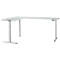 A white, height-adjustable corner desk. The desk has two legs, a control panel and an L-shape.