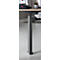 Grey, height-adjustable metal desk leg against a bright background.