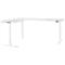 White corner desk with height-adjustable legs. There is a control for height adjustment on the side.