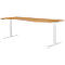 In hoogte verstelbaar bureau met houten blad en wit frame.