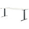 Een witte, in hoogte verstelbare desk met grijze poten, tegen een witte achtergrond.