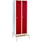 Schäfer Shop Genius Casier de vestiaires avec banc, 2 compartiments, largeur de compartiment 300 mm, serrure de sécurité à came batteuse, gris clair/rouge rubis