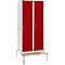 Schäfer Shop Genius Casier de vestiaires avec banc, 2 compartiments, largeur de compartiment 400 mm, serrure de sécurité à came batteuse, gris clair/rouge rubis