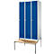 Schäfer Shop Genius Casier de vestiaires avec banc, 3 compartiments, largeur de compartiment 300 mm, serrure à cylindre, gris clair/bleu gentiane