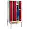 Schäfer Shop Genius Casier de vestiaires avec banc, 3 compartiments, largeur de compartiment 300 mm, serrure à cylindre, gris clair/rouge rubis