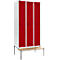 Schäfer Shop Genius Casier de vestiaires avec banc, 3 compartiments, largeur de compartiment 300 mm, serrure de sécurité à came batteuse, gris clair/rouge rubis