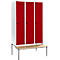 Schäfer Shop Genius Casier de vestiaires avec banc, 3 compartiments, largeur de compartiment 400 mm, serrure de sécurité à came batteuse, gris clair/rouge rubis