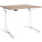An adjustable height desk on a white background. The tabletop is light brown, the legs are white.
