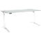 White height-adjustable desk with grey tabletop. The control is located below the tabletop.
