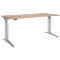 Bright, height-adjustable desk. Wooden tabletop, gray metal legs.