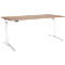 A height-adjustable desk with a light brown tabletop and white legs. There is a control unit on the front.