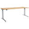 Bright height-adjustable wooden desk. The metal legs are silver.
