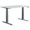Light gray height-adjustable desk with two gray pillars. There is a control panel with buttons above.