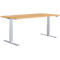 Light brown height-adjustable desk with white legs, rectangular tabletop, light grey base. Controls on the right side.