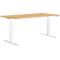 Beige wooden desk with a white base. It is height adjustable.