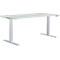 A white, height-adjustable desk with gray legs. There are buttons for height adjustment on one side.