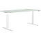 White standing desk with light grey tabletop. The desk is height adjustable. The controls are on the right side.