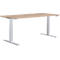 Height-adjustable desk with light wood top and white frame, against a white background.