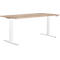 Light brown rectangular desk with white height-adjustable legs. The tabletop is made of wood imitation.