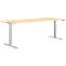 Height-adjustable desk, light brown tabletop, gray legs, white background.