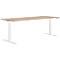 Height adjustable desk, wooden top, white frame, with control elements.