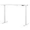 White, height-adjustable desk, minimalist design. The desk has two legs and a control unit.