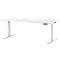 A white, height-adjustable desk against a light background. It has a rectangular tabletop and two wide legs.