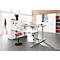 Office with height-adjustable desk, red chair, and cabinets. A laptop sits on the desk.