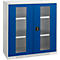 A wall-mounted cabinet with blue doors and glass panels. It has a lock and shelves.