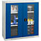 Blue and white steel cabinet with glass doors. Inside shelves with tools and materials. A photo is visible through the left door.