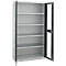 Open gray cabinet with shelves, the door is half open.