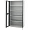 Open, empty steel cabinet with several shelves. One door is open, with a glass surface.