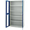 White steel cabinet with blue door frames, open doors revealing shelves.