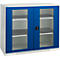 Cabinet with blue frames, glass doors, gray shelves, and a black handle.