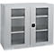 Grey rectangular cabinet with glass doors and shelves. Black handle, ventilation slots below the doors.